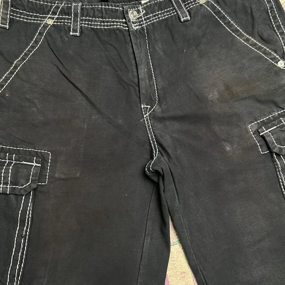 True Religion Shorts Men's 40 Jet Black Cargo Shorts Utility Pockets